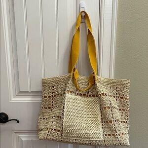 🌼Large Woven Straw Bag with Yellow Floral Interior and Yellow Straps